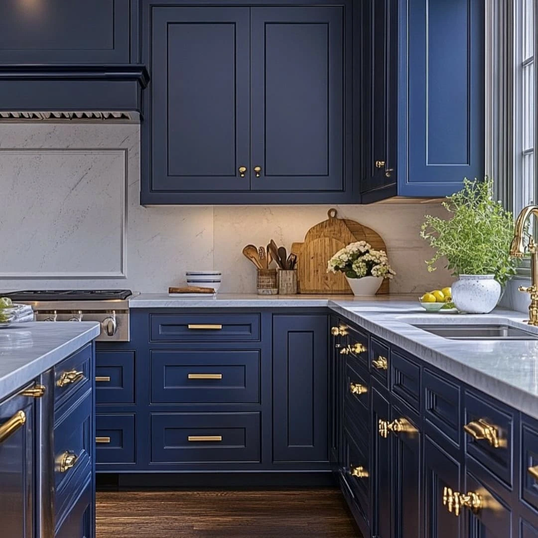 A modern kitchen features navy blue cabinets with gold hardware, marble countertops, a sink, and wooden cutting boards against a white backsplash.