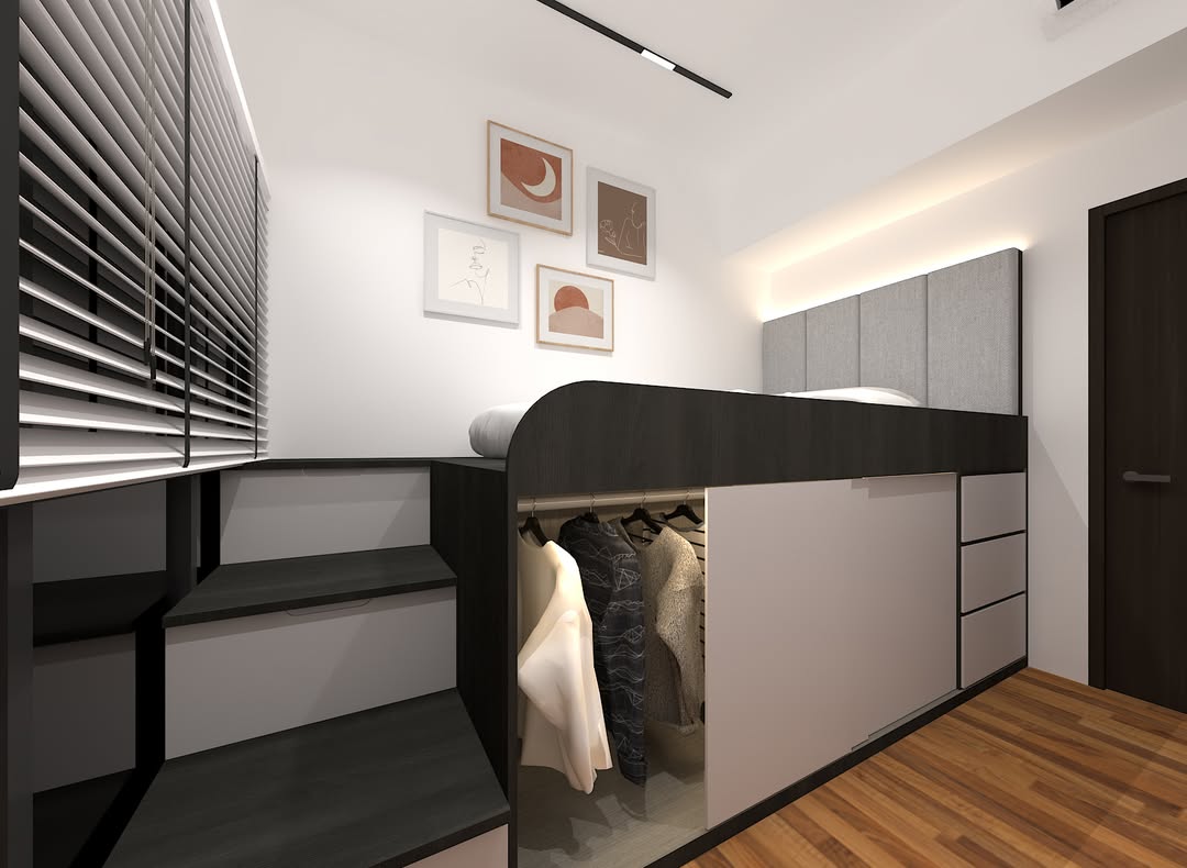 A modern loft bed for small room with a metal frame is positioned above a gray sofa in a bright, minimalist space with a rug, coffee table, wall art, and shelves along the bed’s supports.