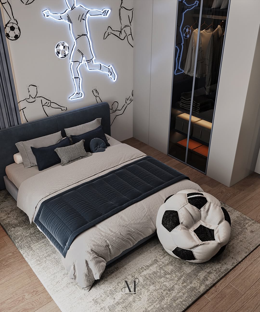 Modern teen boy bedroom with a soccer theme, featuring a bed with blue and gray bedding, a soccer ball-shaped bean bag, wall art of soccer players, and a mirrored wardrobe.