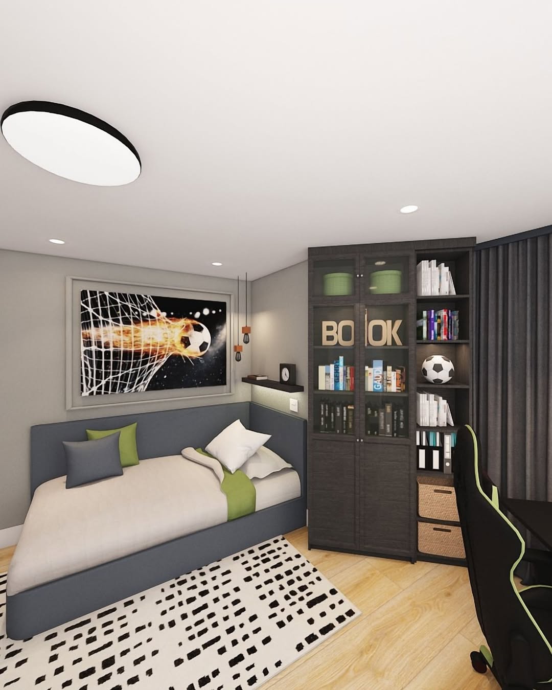 A teen boy bedroom featuring a neatly made bed with plaid bedding and navy accent pillows, a teddy bear on top, two bedside tables with lamps, dark curtains, a woven light fixture, and a world map on the wall.