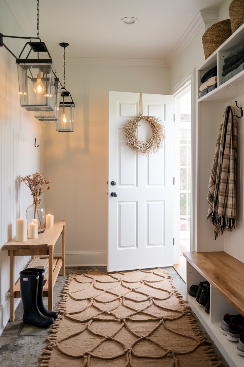 A bright entryway with a white door, woven rug, wooden bench and table, hanging lanterns, boots, candles, and a wreath. Shelves hold baskets, folded towels, and a plaid scarf—perfect inspiration for genius mudroom ideas.