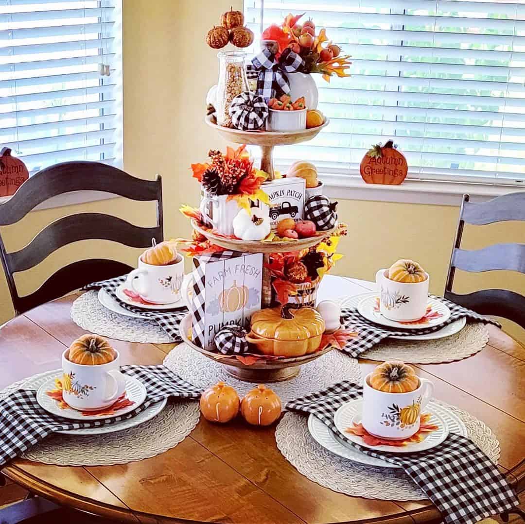 Tiered Stand Displays a Harvest of Mini Pumpkins and Gourds