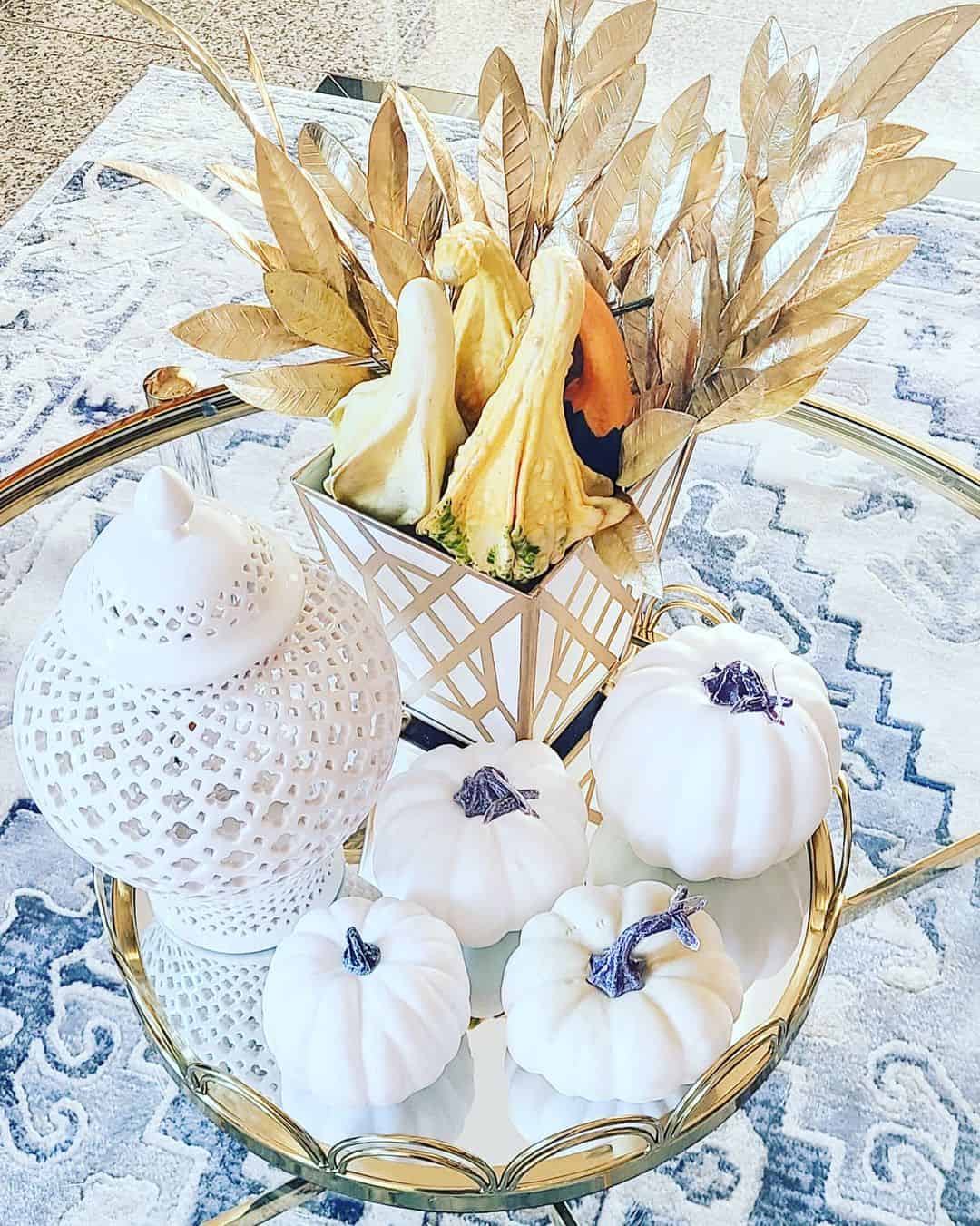 Contrast Textures with White Pumpkins and a Lantern