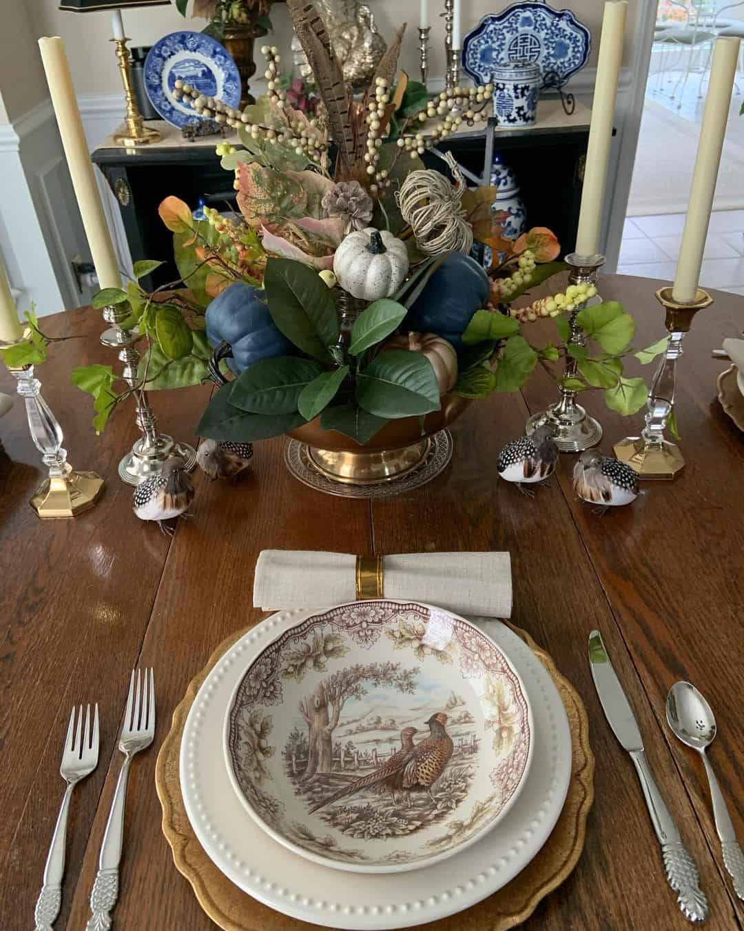Pheasant Scene Bowls Anchor a Rustic Fall Place Setting
