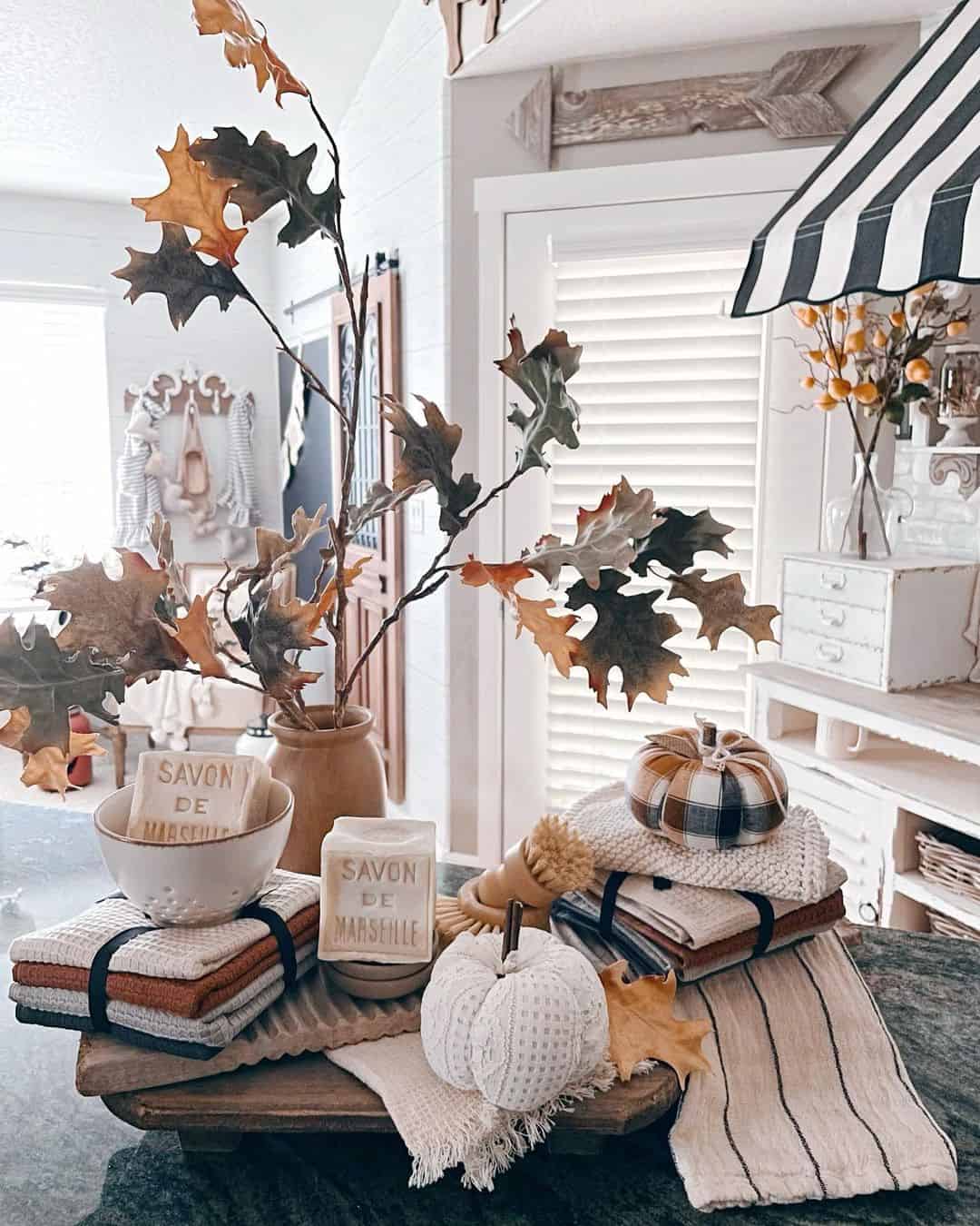 Stacked Towels Add Cozy Texture With Fabric Pumpkins