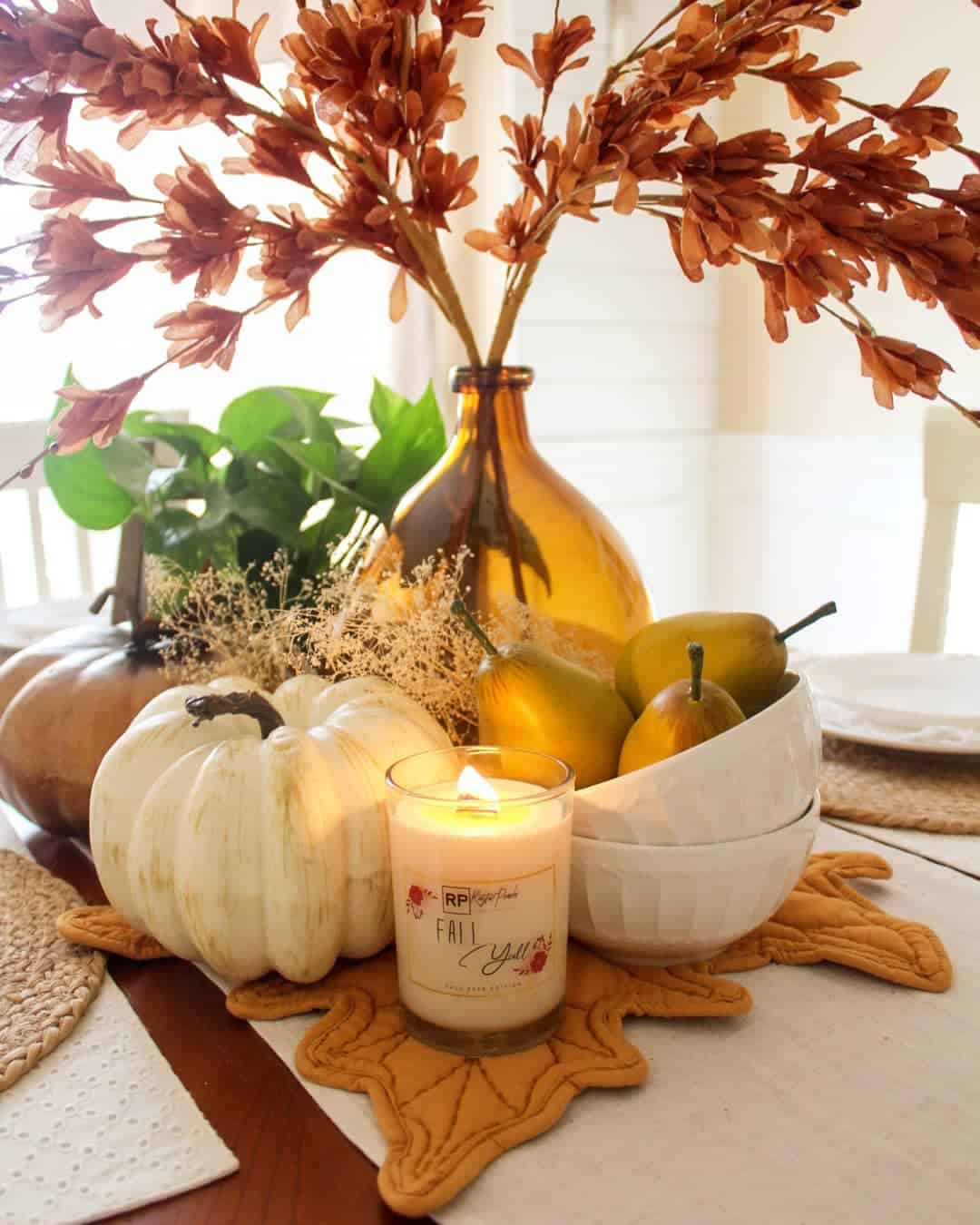 Group Pears and Pumpkins in White Bowls for a Rustic Centerpiece