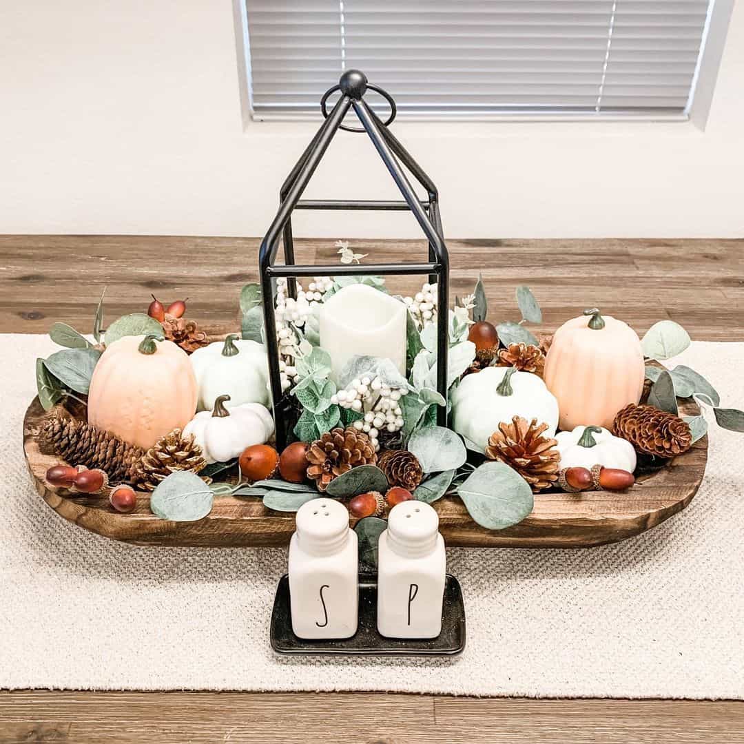 Lantern Centerpiece with Mixed Pumpkins and Pinecones