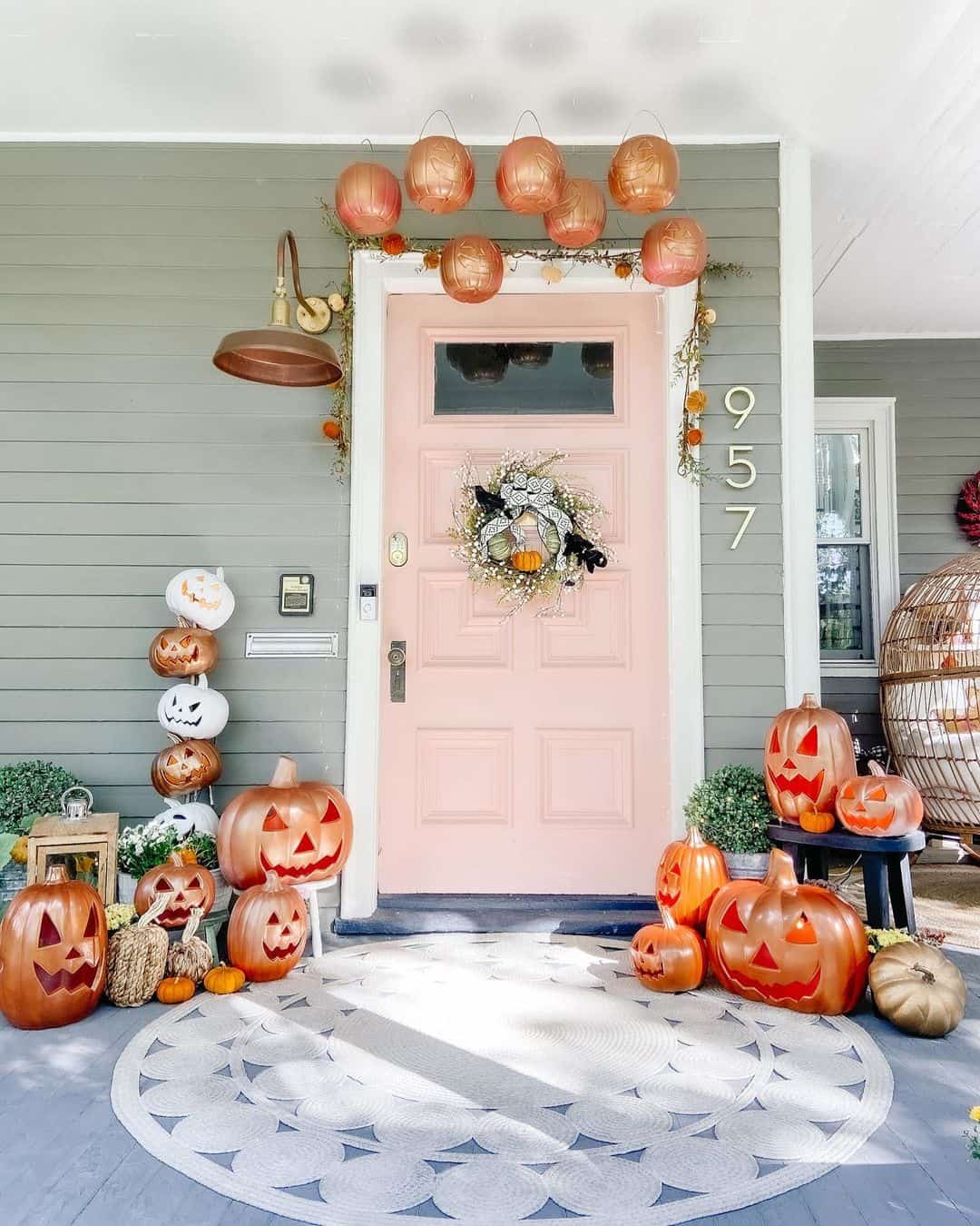 Stacked Painted Pumpkins Add Whimsical Height to Porch Decor