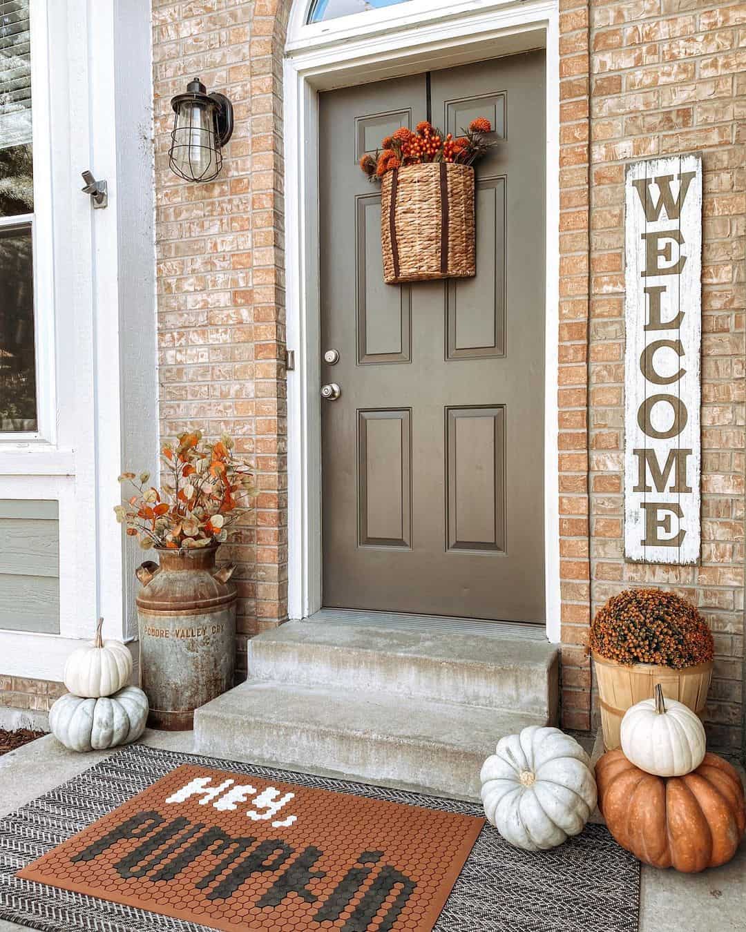 Vintage Milk Can Holds Autumnal Foliage and White Pumpkins