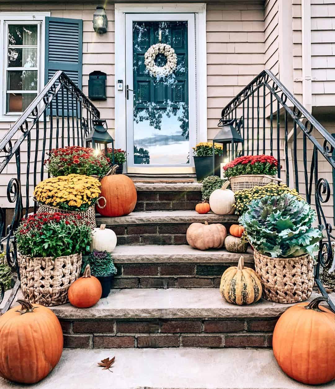 Textured Baskets Hold Mums and Ornamental Cabbage
