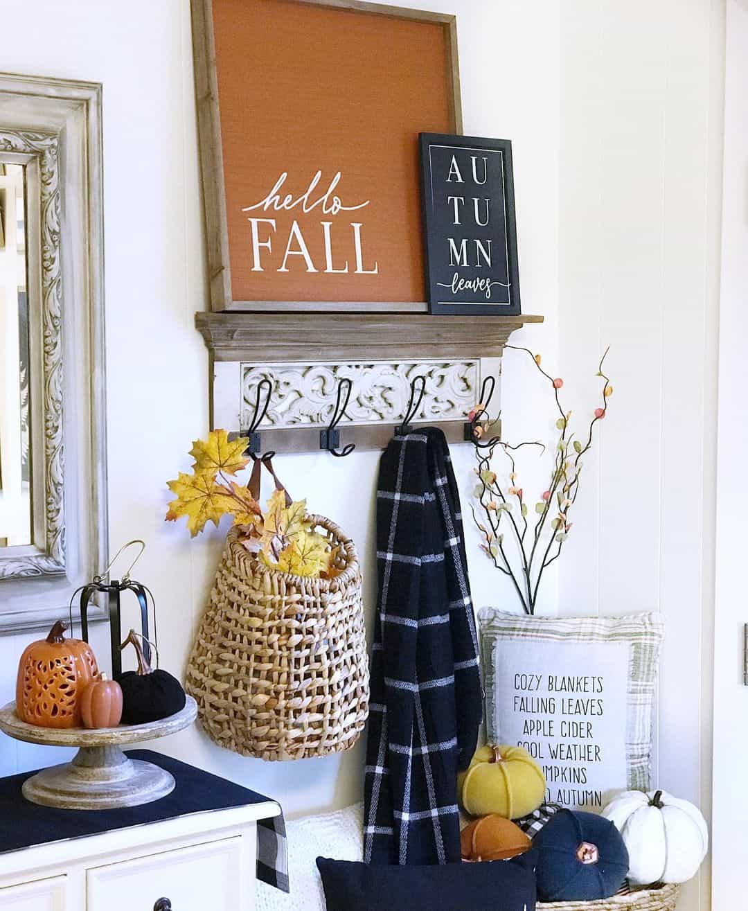 Woven Basket Holds Fall Leaves For A Rustic Entryway Accent