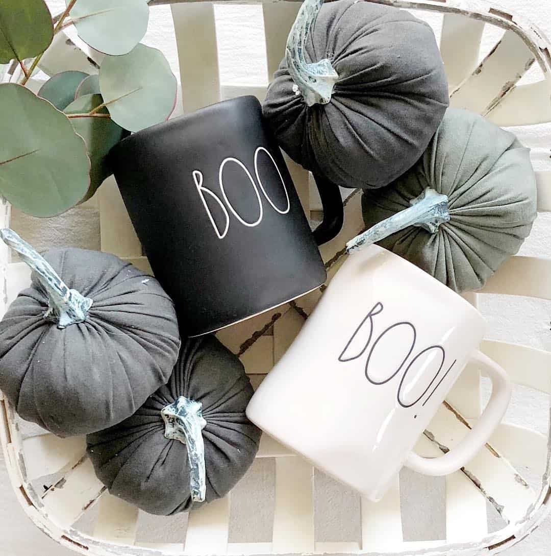 Fabric Pumpkins and 'Boo!' Mugs Create a Whimsical Halloween Vignette