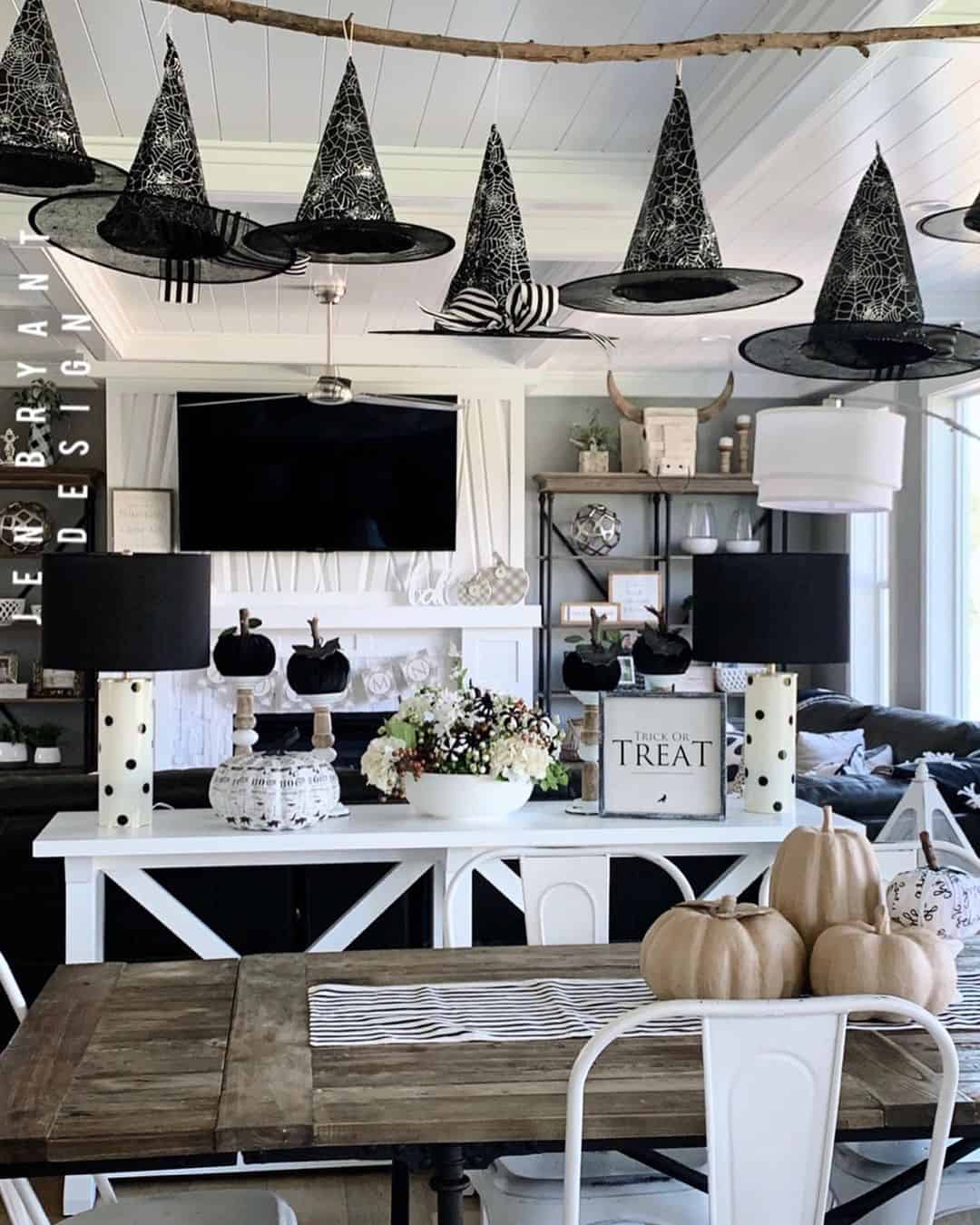 Hanging Spiderweb Witch Hats Create a Whimsical Ceiling Display