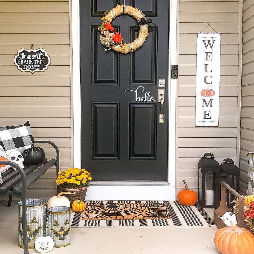 Black Pumpkins Add Whimsical Charm to a Porch Bench