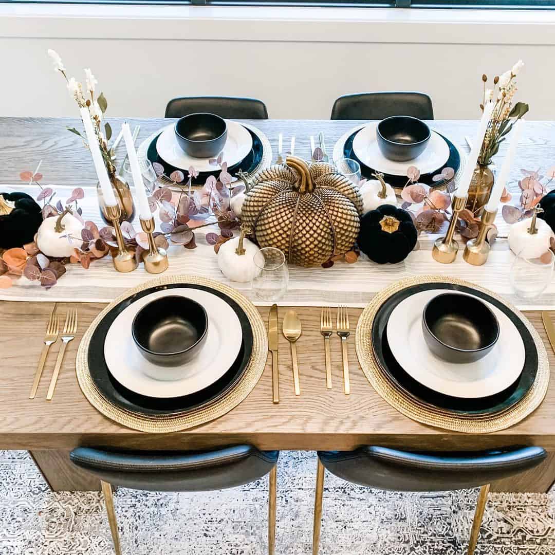 Textured Gold Pumpkin Anchors a Black and White Tablescape