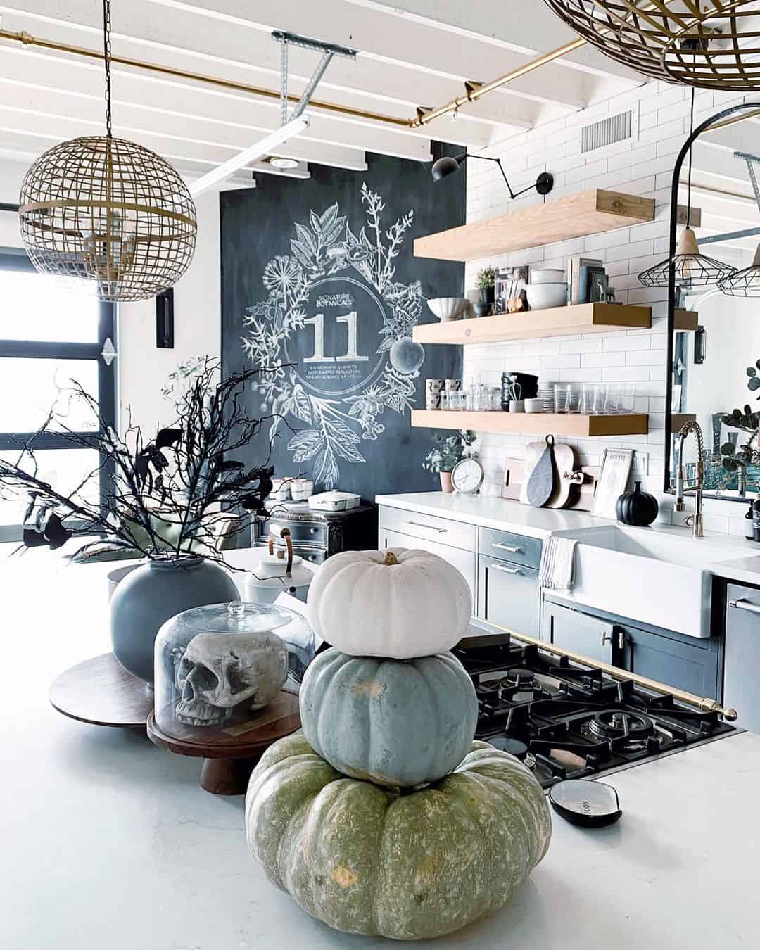 Stacked Muted Pumpkins Create a Kitchen Island Focal Point