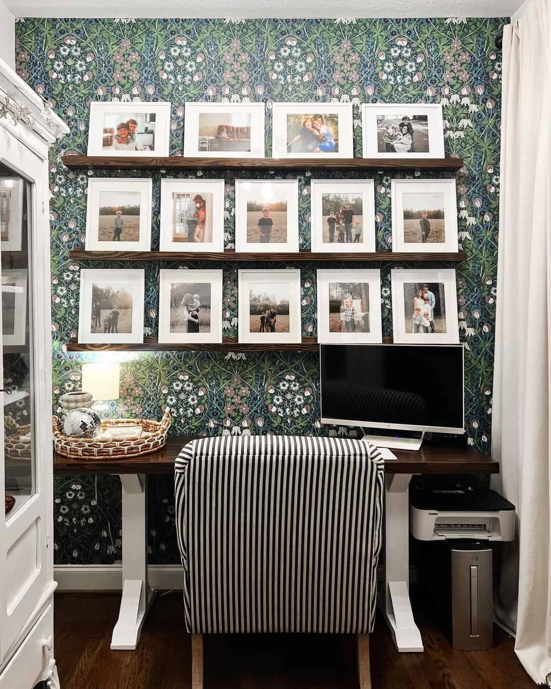 Gallery Shelves That Display Family Photos Above a Desk