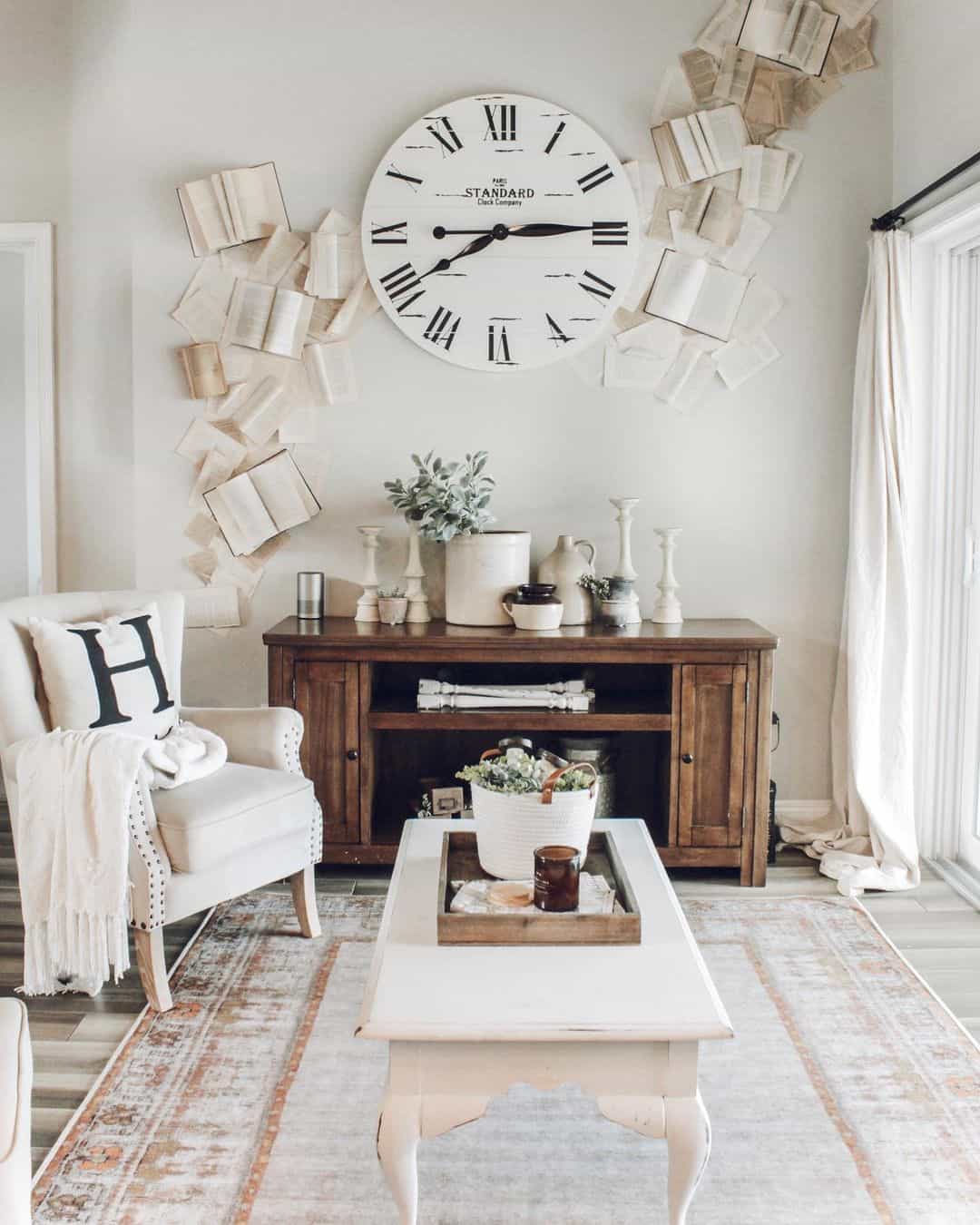 Open Books Create a Whimsical Waterfall Around a Farmhouse Clock