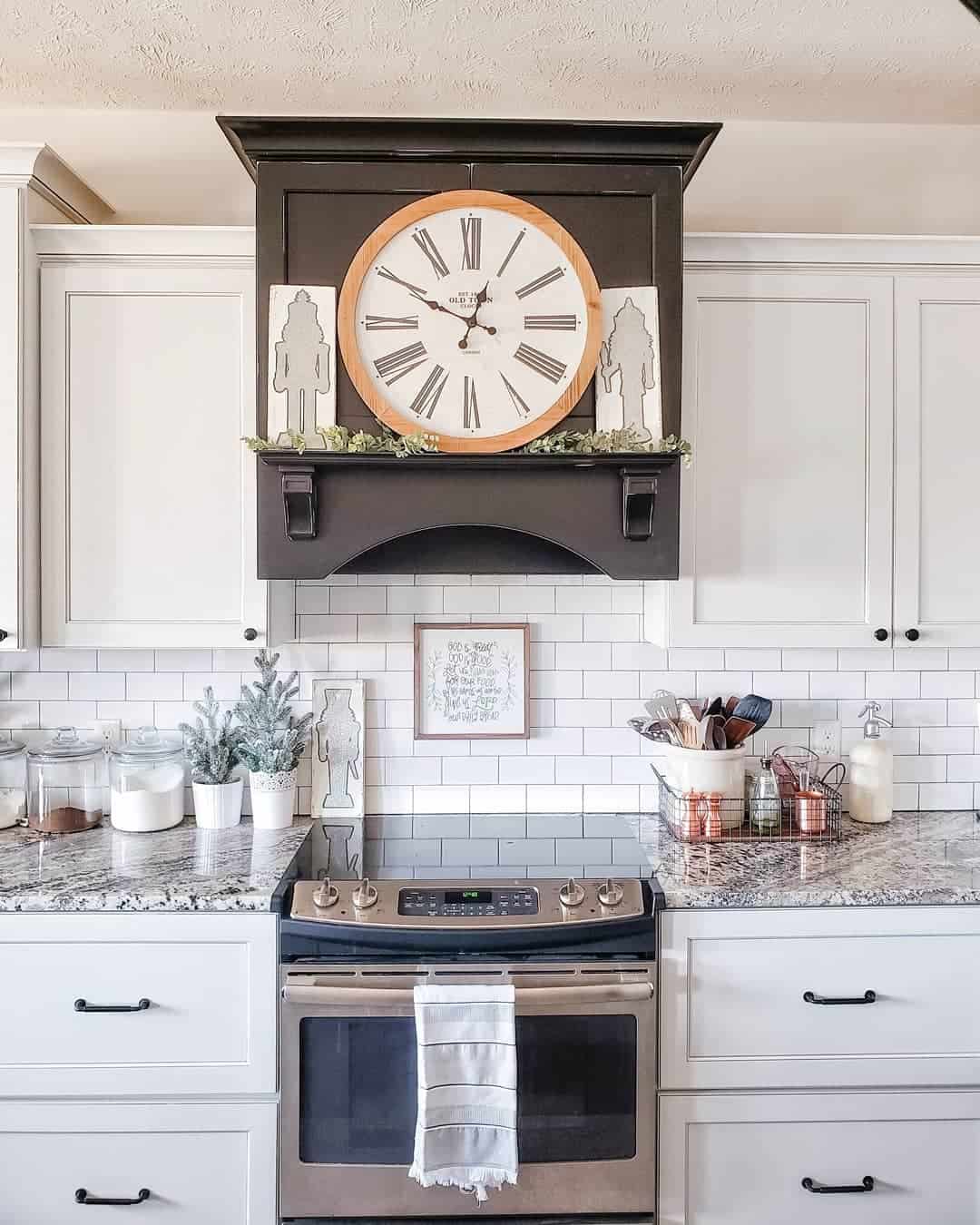 Oversized Wood-Framed Clock Anchors a Festive Mantel Display