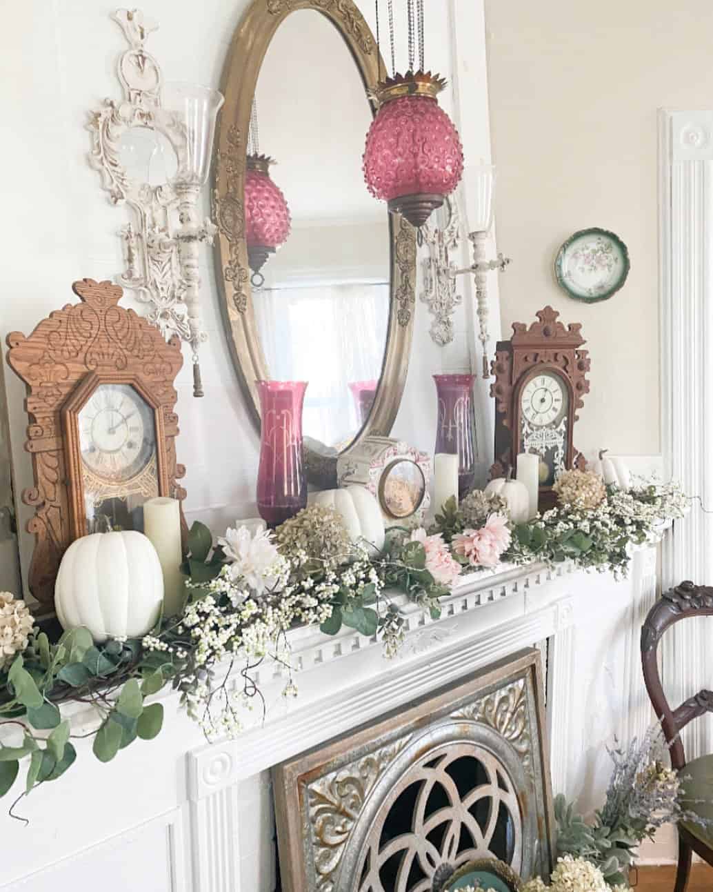 Eucalyptus Garland Frames White Pumpkins and Pink Blooms