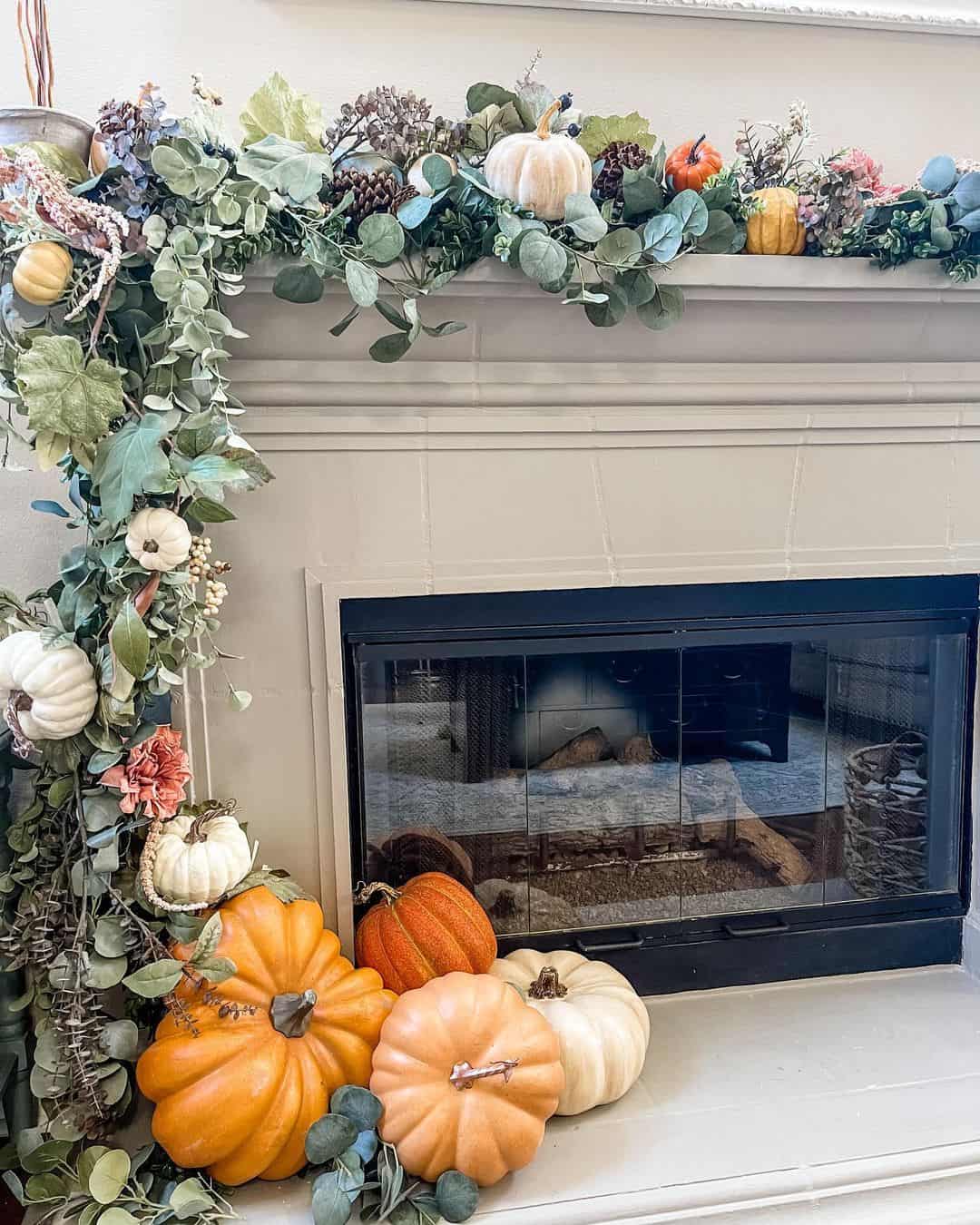 Mixed Greenery Garland With Cream and Orange Pumpkins