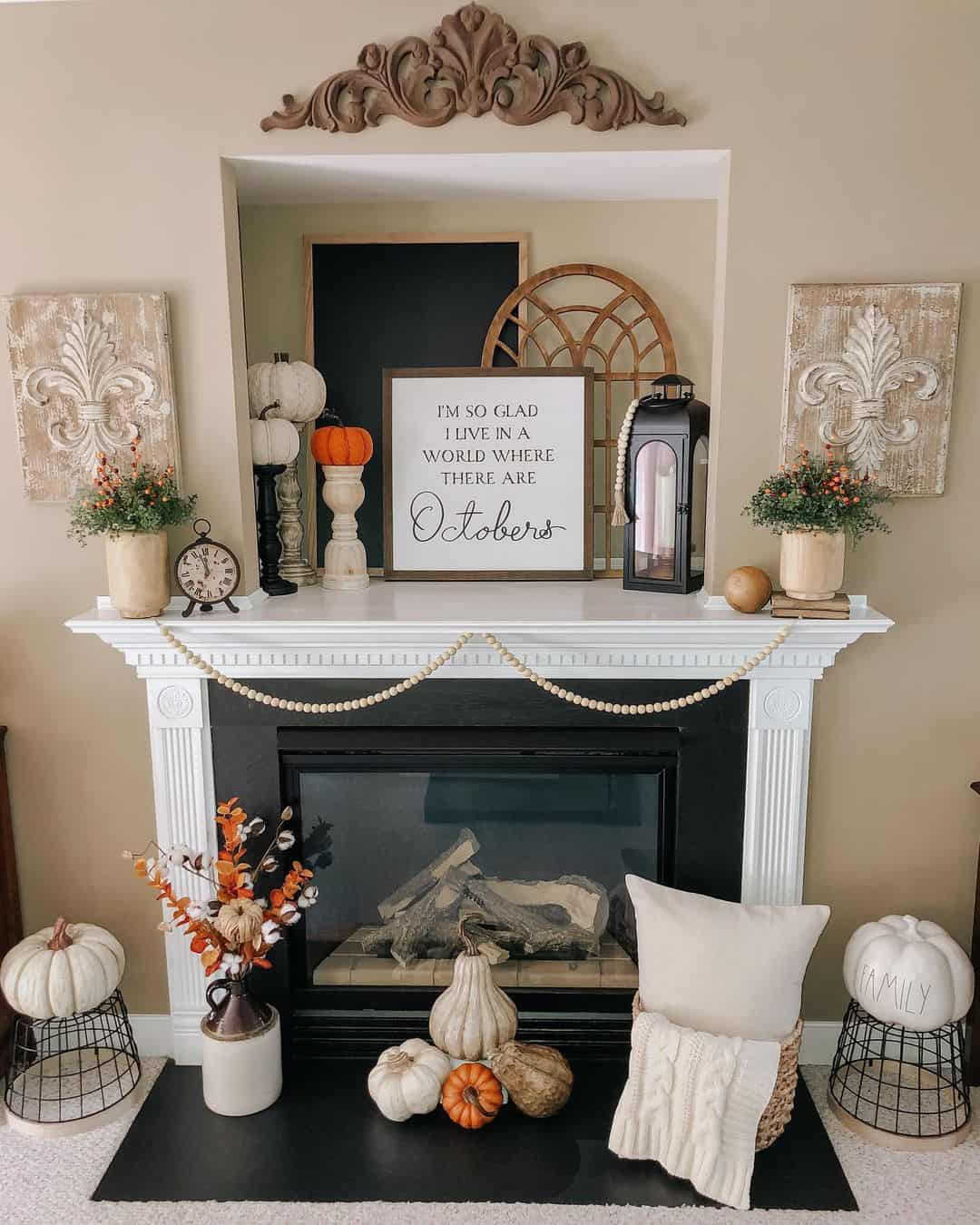 Natural Wood Bead Garland Frames Mantel With Fall Accents