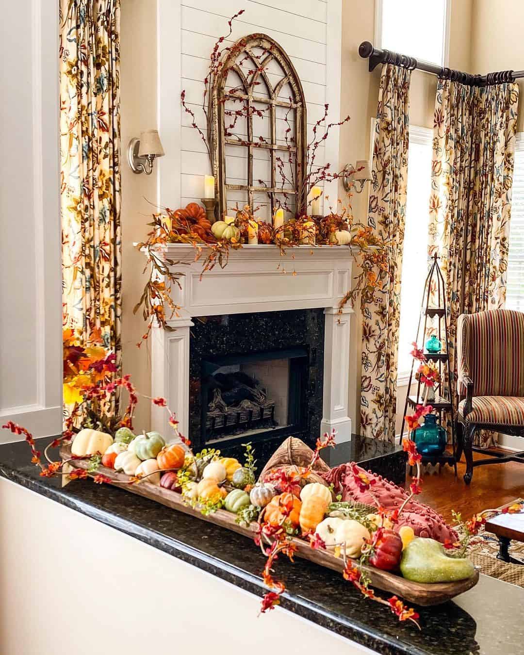 Anchor Your Countertop with a Long Wooden Bowl of Mini Pumpkins