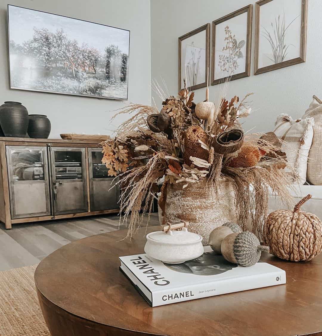 Dried Floral Arrangement Adds Rustic Texture to Coffee Table