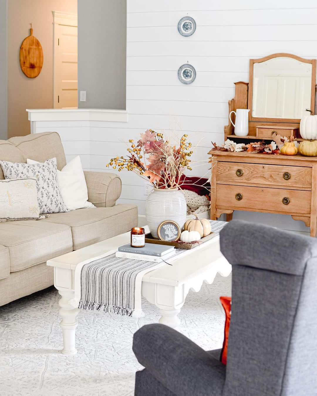 Wooden Dresser Displays Fall Accents with Miniature Pumpkins