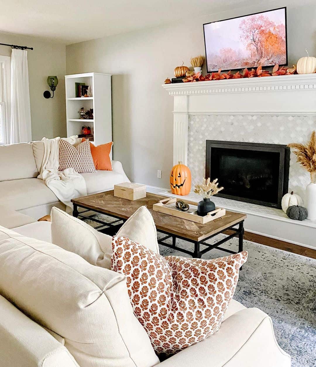 Frame Your TV with a Mantel Garland of Fall Leaves and Pumpkins