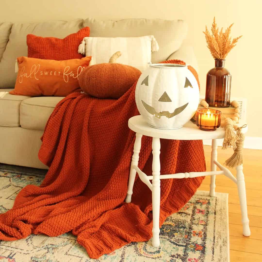 White Jack-o'-lantern Lantern Adds Festive Glow to Side Table