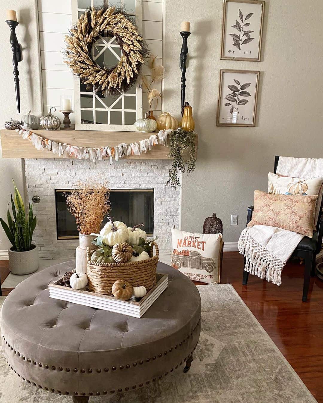 Anchor Your Ottoman Display with a Woven Basket of White Pumpkins