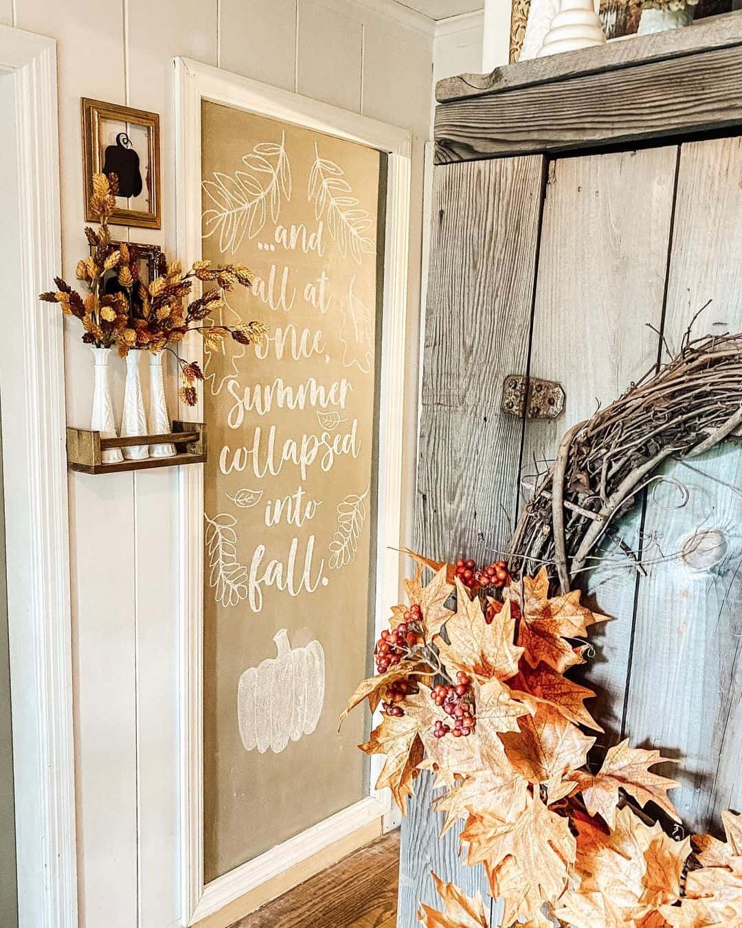 Kraft Paper Door Display With Chalked Fall Verse and Pumpkin