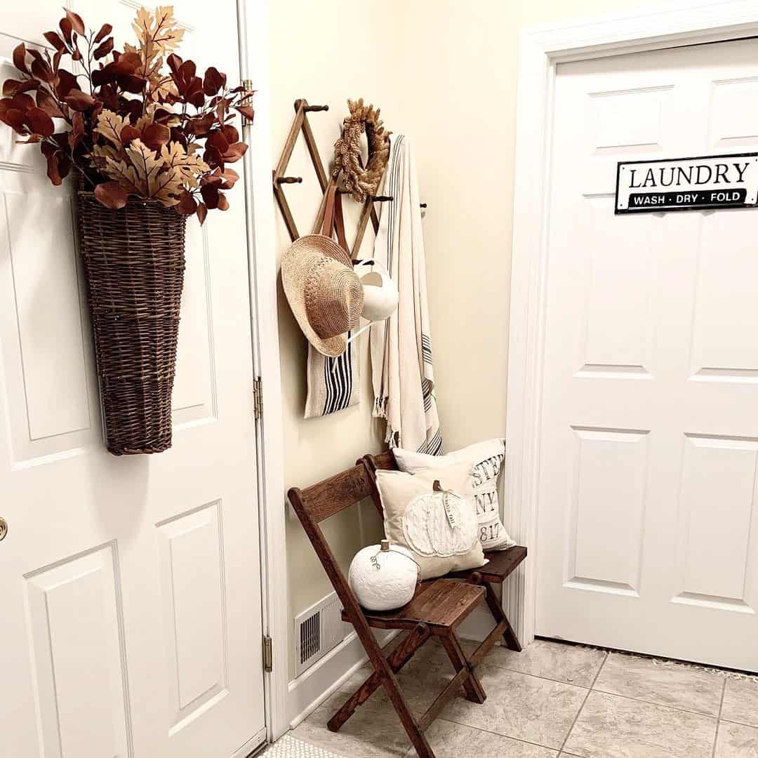 Woven Door Basket Holds Autumn Leaves and Branches