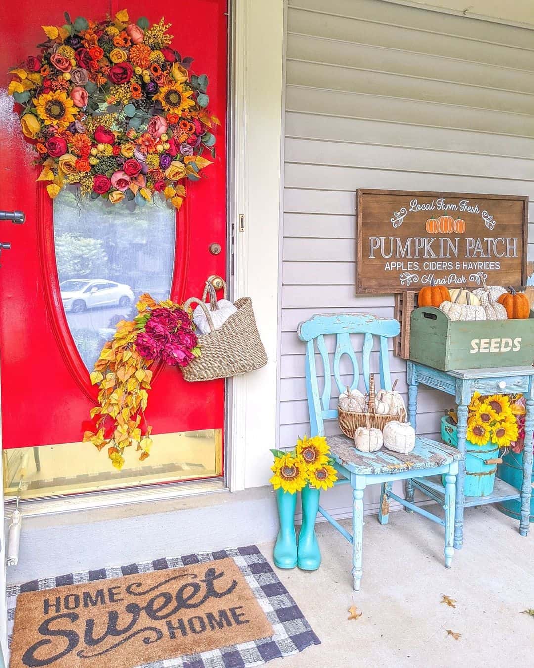 Teal Rain Boots Hold Sunflowers For A Pop Of Color
