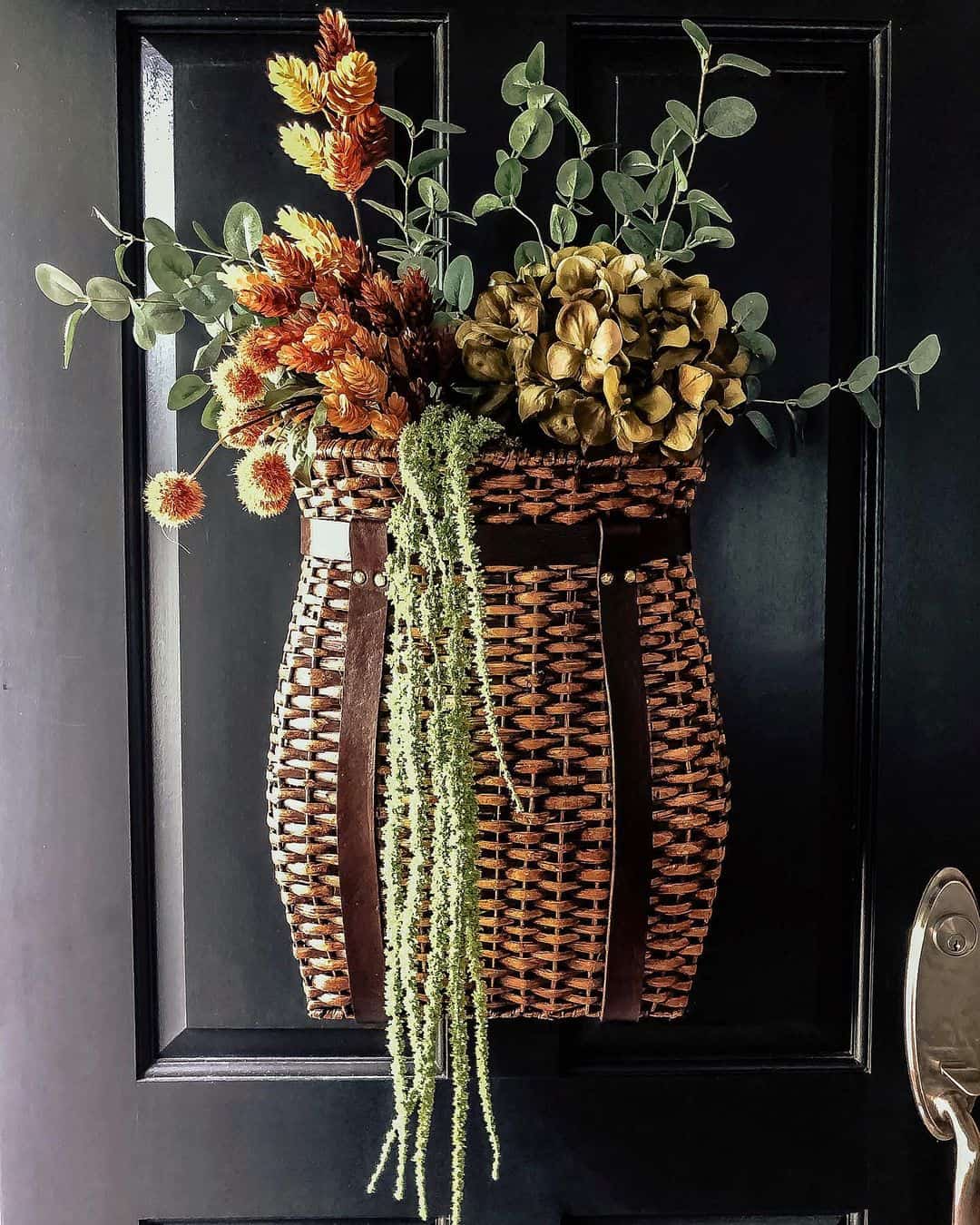 Woven Door Basket Filled with Fall Florals and Greenery