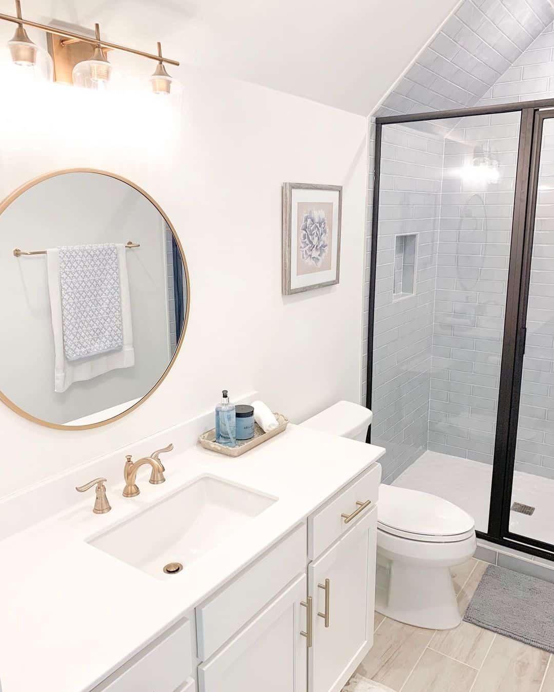 Gray Tile Shower with White Tile Pan