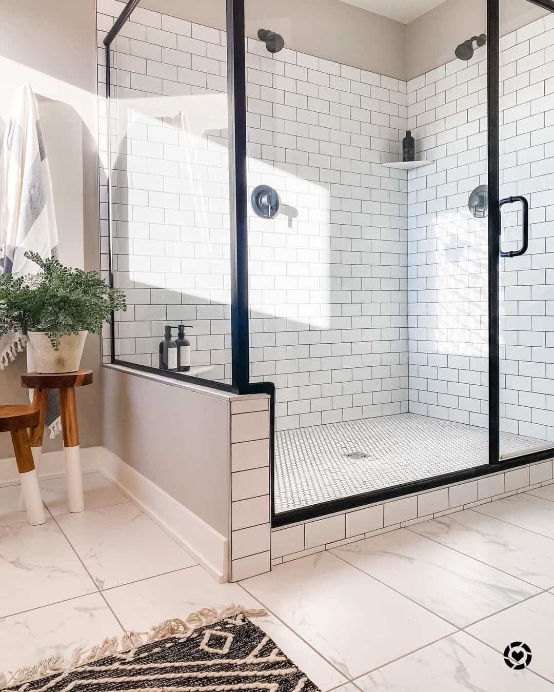 Walk-In Shower with Black Framed Shower Glass