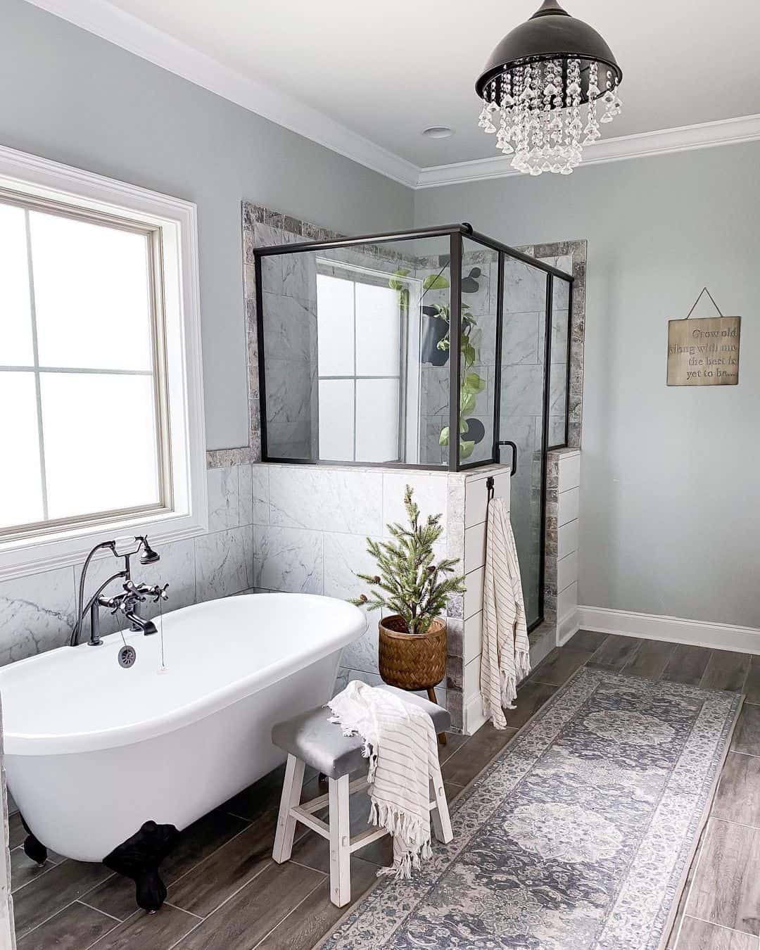 Blue Quartz Tile Bathroom with Black Frame Shower