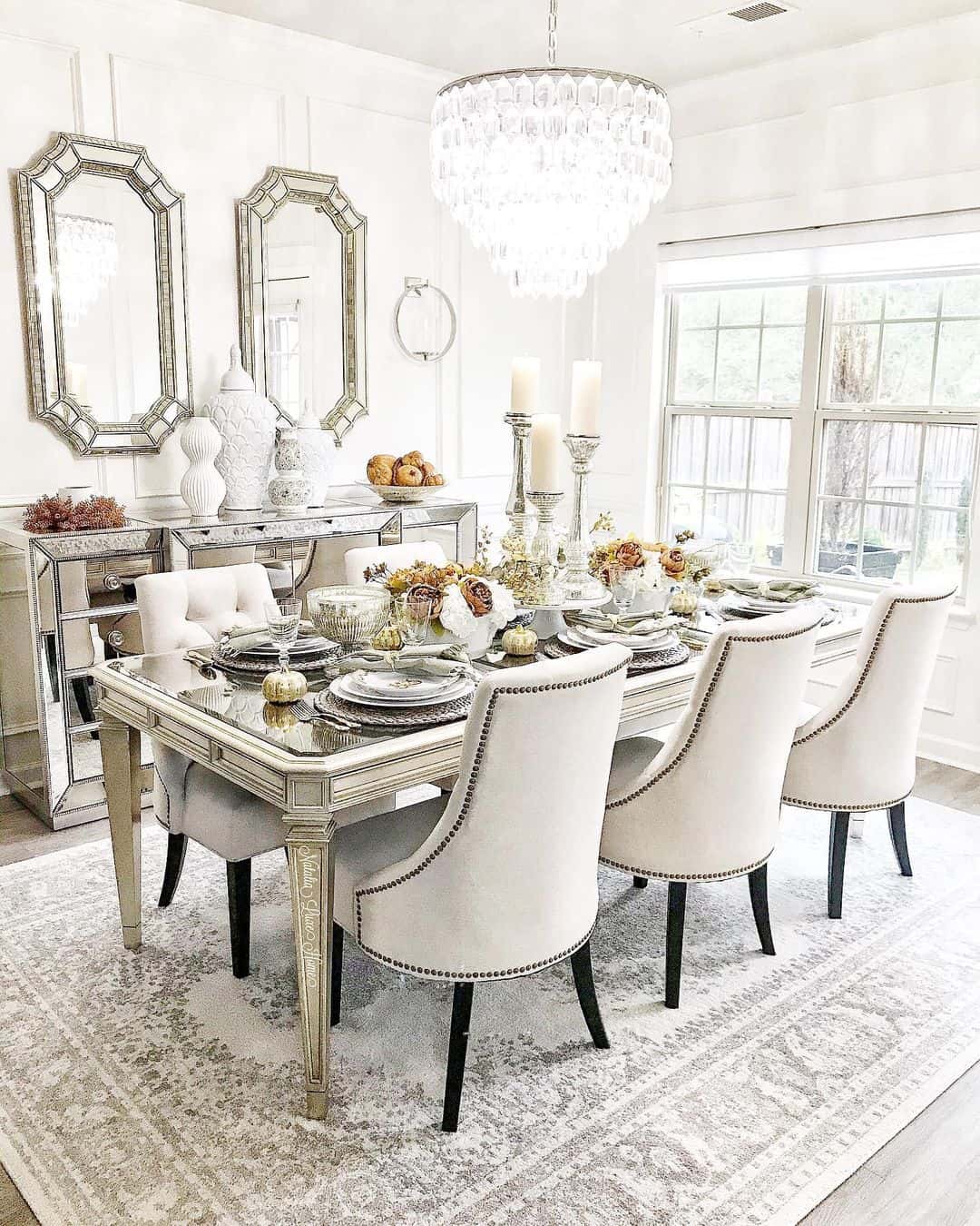 White Vintage Dining Room With Glass Chandelier