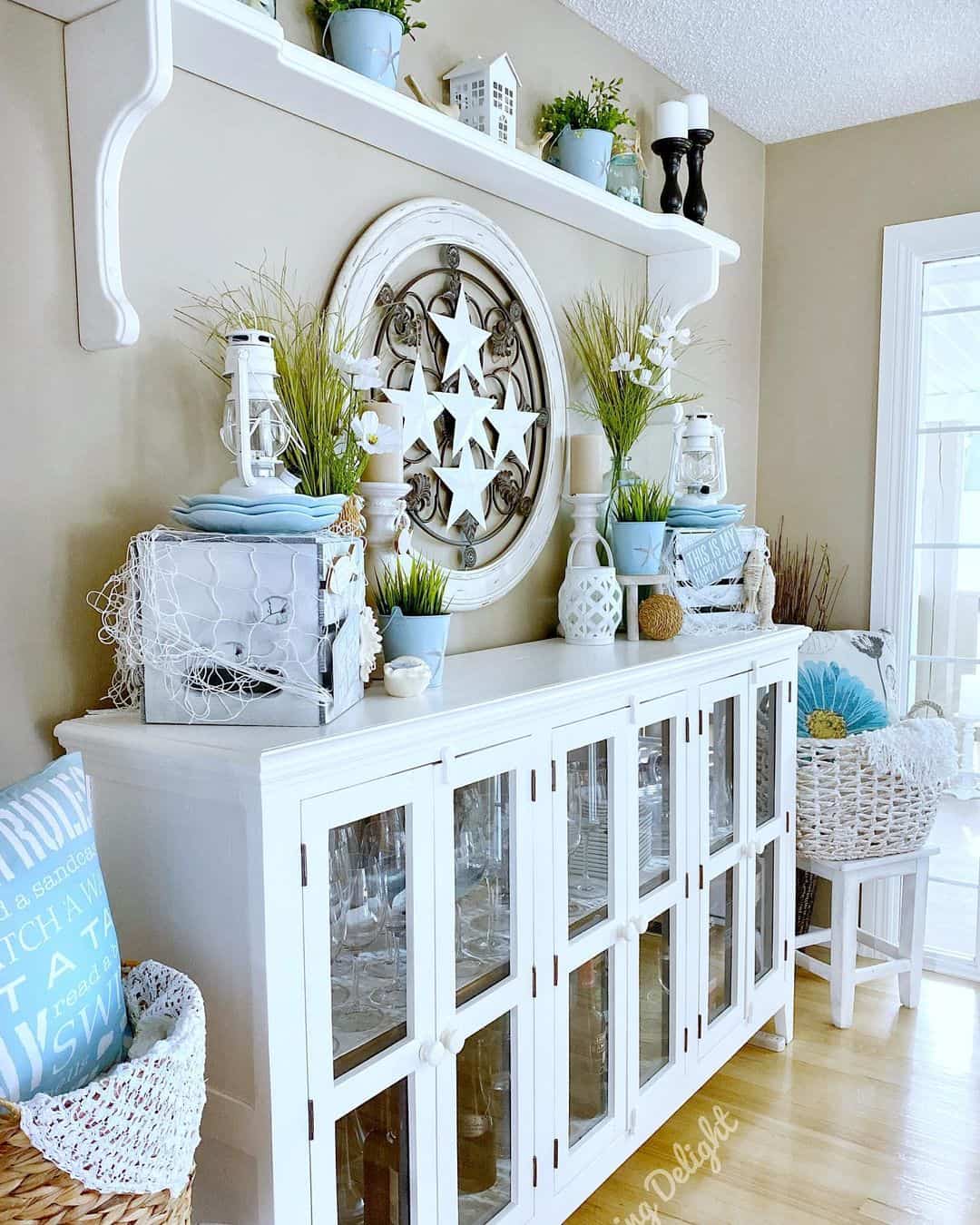White Buffet With White and Blue Nautical Decorations
