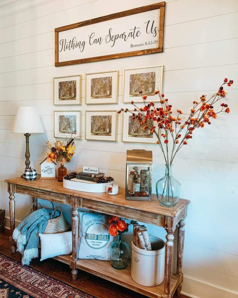 Rustic Console Table Below Charming Wall Décor