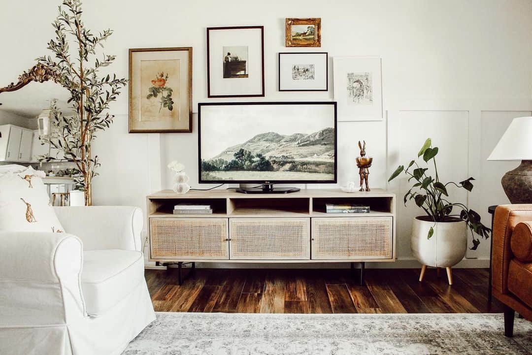 Farmhouse TV Entertainment Center With Rattan Accents