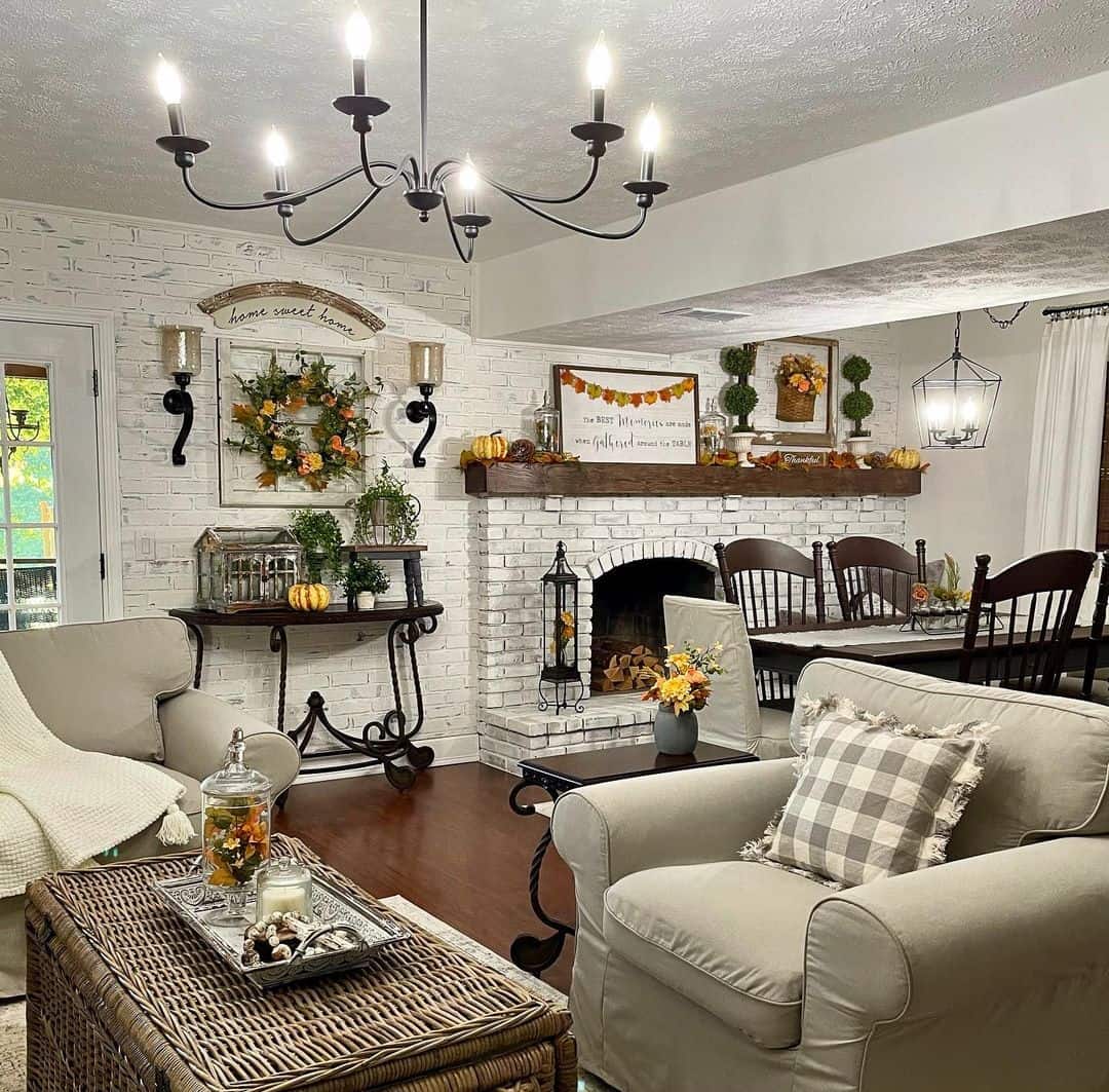 Woven Coffee Table Beneath a Black Chandelier