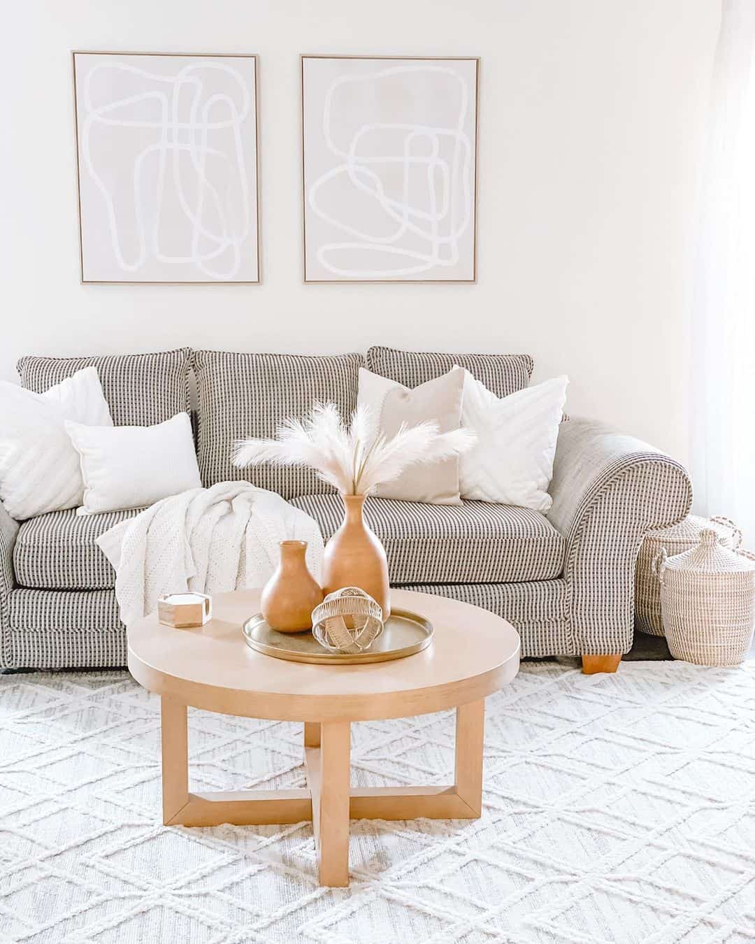 Striped Sofa Beside Light Wood Coffee Table