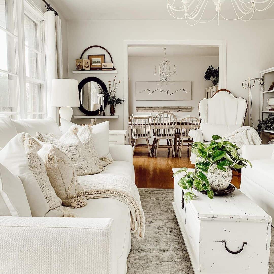 White Living Room with Rustic White Trunk Coffee Table