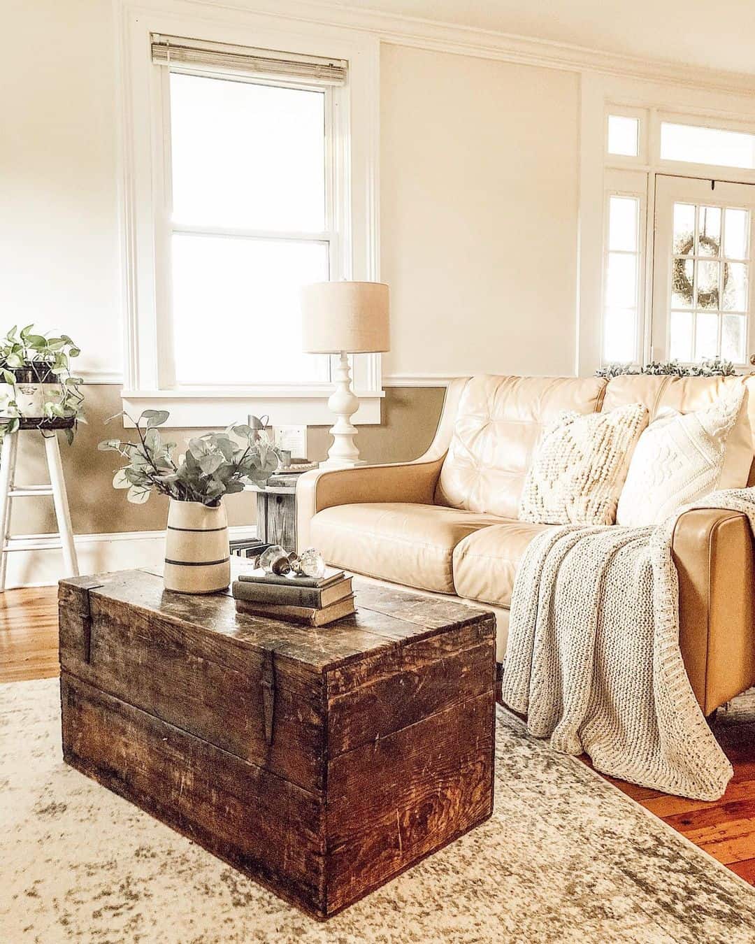 Vintage Trunk Coffee Table and Leather Loveseat