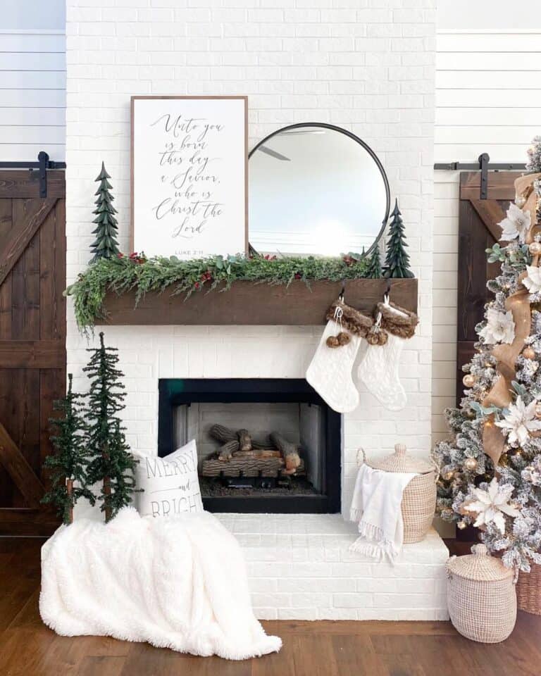 Sliding Wood Barn Doors Around Platformed Fireplace