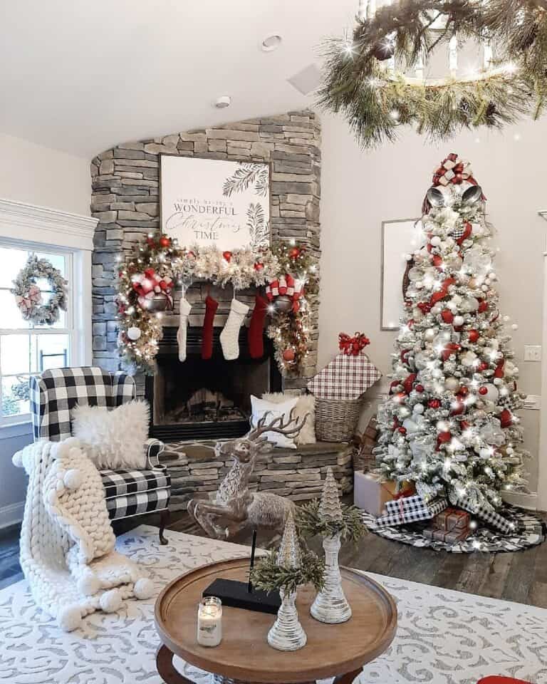 Stacked Stone Fireplace Beside Plaid Armchair