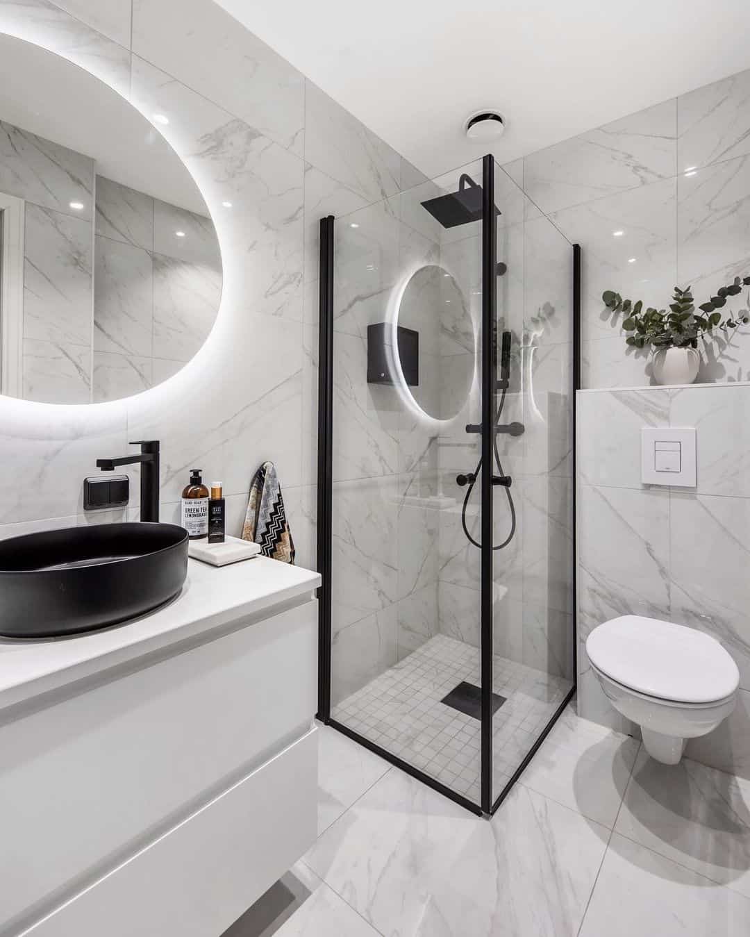 Glass Corner Shower With Black Hardware
